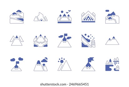 Mountain icon set. Duotone style line stroke and bold. Vector illustration. Containing cave, mountains, mountain, achievement, tent, avalanche, landscape, hills, aconcagua.