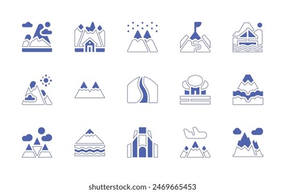 Mountain icon set. Duotone style line stroke and bold. Vector illustration. Containing mountain, alps, mountains, hiking, geyser, travel, freeride, cave, sailingboat.