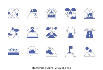 Mountain icon set. Duotone style line stroke and bold. Vector illustration. Containing mountain, mountains, river, snowing, biogas, avalanche, goal, mine, picocao, waterfall.