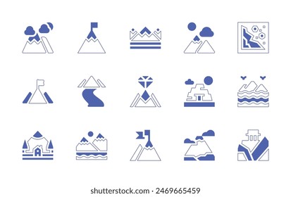 Mountain icon set. Duotone style line stroke and bold. Vector illustration. Containing river, island, goal, mountain, cabin, mountains, landscape, mission, mountararat, mine, olympus, landslide.