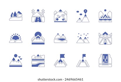 Mountain icon set. Duotone style line stroke and bold. Vector illustration. Containing mountain, landscape, mountains, roadtrip, mission, challenge, highway, waterfall, camping.