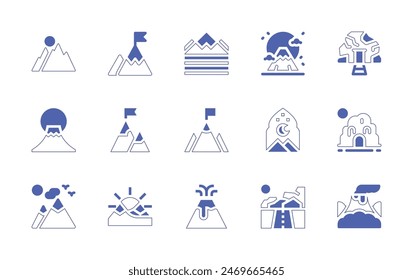 Conjunto de iconos de montaña. Trazo de línea de estilo duotono y negrita. Ilustración vectorial. Conteniendo paisaje, montañas, pico, fujimountain, montaña, meta, volcán, isha, cueva, mina.