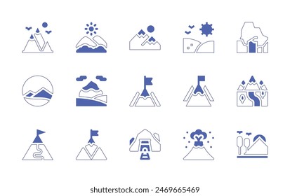 Mountain icon set. Duotone style line stroke and bold. Vector illustration. Containing mountains, goal, mountain, achievement, valley, mine, volcanoeruption, route, nature, cave.