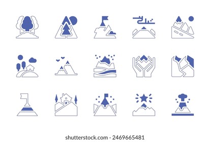 Mountain icon set. Duotone style line stroke and bold. Vector illustration. Containing hill, house, atlas, mountain, goal, mountains, environment, northernlights, volcano.