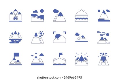 Mountain icon set. Duotone style line stroke and bold. Vector illustration. Containing mountain, nationalpark, hills, goal, mountains, landscape, river, volcano.