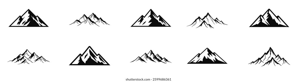 mountain icon set featuring hiking trails, snowy peaks, and nature landscapes. Perfect for camping symbols, travel illustrations, adventure designs, and outdoor exploration graphics. Vector PNG