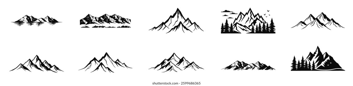 mountain icon set featuring hiking trails, snowy peaks, and nature landscapes. Perfect for camping symbols, travel illustrations, adventure designs, and outdoor exploration graphics. Vector PNG
