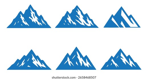 
Bergsymbolsatz mit Wanderwegen, schneebedeckten Gipfeln