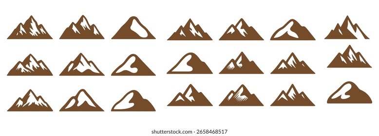 
Bergsymbolsatz mit Wanderwegen, schneebedeckten Gipfeln