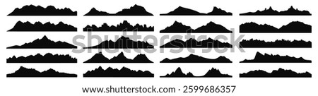 mountain icon set featuring hiking trails, snowy peaks, and nature landscapes. Perfect for camping symbols, travel illustrations, adventure designs, and outdoor exploration graphics. Vector PNG