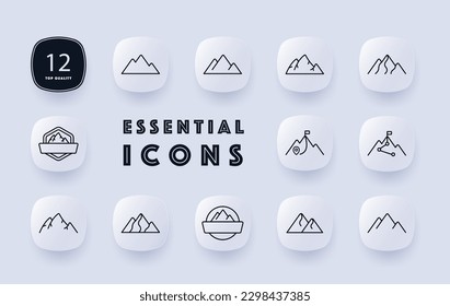 Mountain icon set. Illustration of a landscape with mountains, hills, and valleys. Nature, wilderness. Outdoor adventure concept. Neomorphism style. Vector line icon for Business