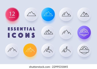 Mountain icon set. Illustration of a landscape with mountains, hills, and valleys. Nature, wilderness. Outdoor adventure concept. Neomorphism style. Vector line icon for Business