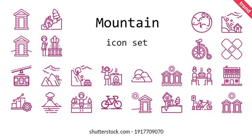 mountain icon set. line icon style. mountain related icons such as bicycle, mars, cable car, cabin, korean, landslide, geyser, patch, farm house, mountain, progress, avalanche, volcano, campfire, lake
