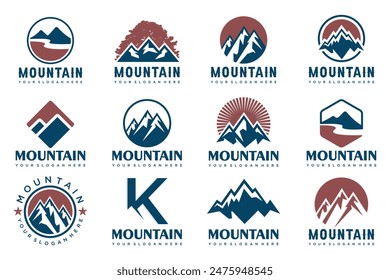 Mountain icon set logo design . Rocks and peaks logo elements . Vector illustration