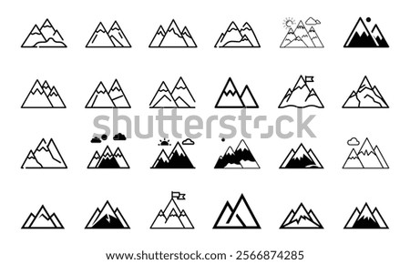 Mountain Icon Set in Minimal Style, Collection of minimal mountain icons featuring peaks, flags, and clouds, perfect for design projects and outdoor-related graphics. 