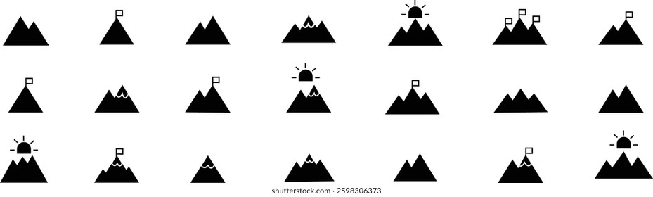 Mountain icon set . mountains of various shapes, Hills vector graphic design elements, Rocky peaks. Mountains ranges. template with luxury concept, icons, emblem, isolated on transparent background,