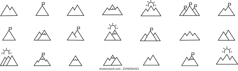 Mountain icon set . mountains of various shapes, Hills vector graphic design elements, Rocky peaks. Mountains ranges. template with luxury concept, icons, emblem, isolated on transparent background,