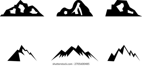 Mountain icon set showing peaks and rocky silhouettes for outdoor and nature themes.