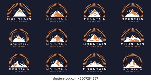 Mountain Icon Set With Sun Shadow, Collection of various types of Mountains. Mountain silhouettes, various peak shapes. Ideal for logos, icons, adventure graphics, digital design, print. Versatile, ae