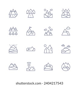 Mountain icon set. Thin line icon. Editable stroke. Containing national park, road, forest, mountain, al hajar mountains, mountains, hallasan mountain, burning.