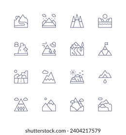 Mountain icon set. Thin line icon. Editable stroke. Containing river, mountain, mountains, valley, beach, goal, aconcagua.