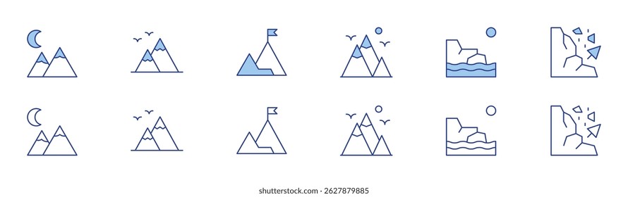 Mountain icon set in two styles, Duotone and Thin Line style. Editable stroke. mountain, mountains, success, avalanche.