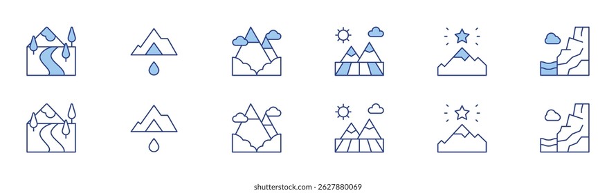 Mountain icon set in two styles, Duotone and Thin Line style. Editable stroke. valley, mountain, field, goal.
