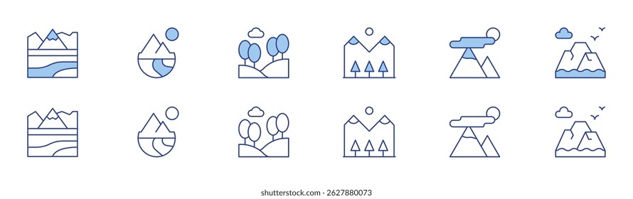 Mountain icon set in two styles, Duotone and Thin Line style. Editable stroke. mountains, mountain, hill.