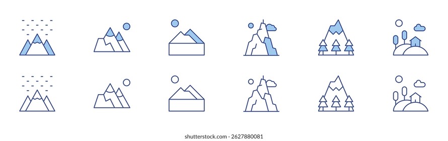 Mountain icon set in two styles, Duotone and Thin Line style. Editable stroke. mountains, mountain, hill.