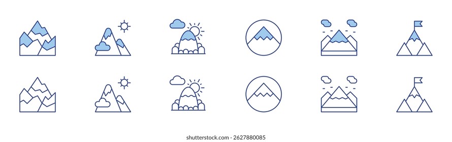 Mountain icon set in two styles, Duotone and Thin Line style. Editable stroke. mountains, mountain, goal.