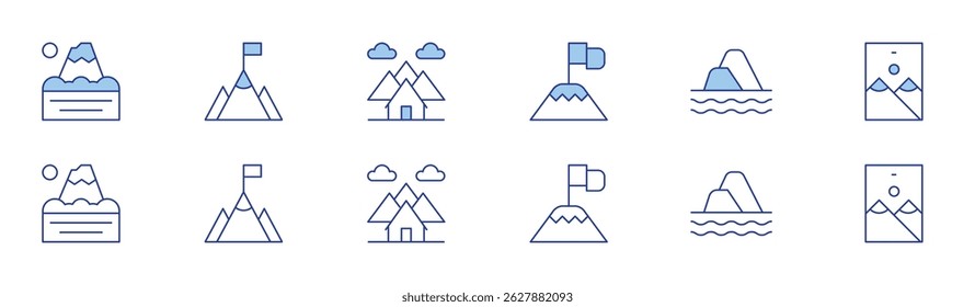 Mountain icon set in two styles, Duotone and Thin Line style. Editable stroke. mountain, goal, house.