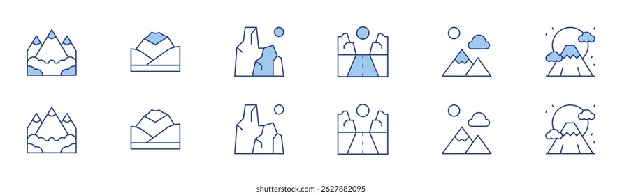 Mountain icon set in two styles, Duotone and Thin Line style. Editable stroke. mountain, canyon, mountains, landscape, rock, fuji mountain.