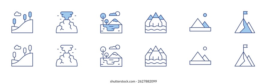 Icono de montaña en dos estilos, Duotone y estilo de línea fina. Colina, montañoso, volcán, montañas, lago, meta.