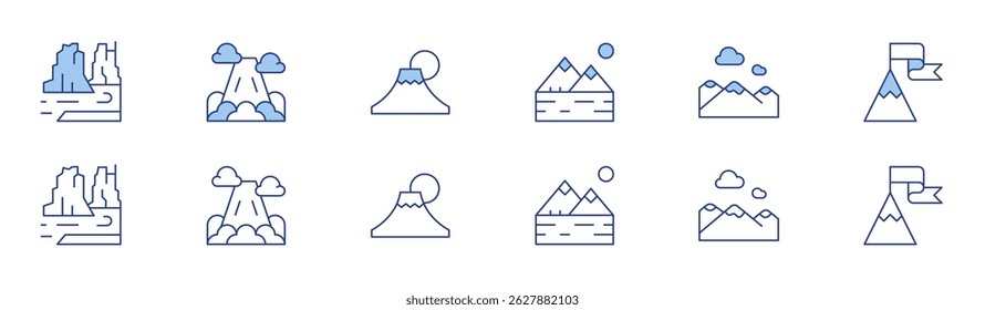 Mountain icon set in two styles, Duotone and Thin Line style. Editable stroke. colorado, mountains, mountain, fuji mountain.