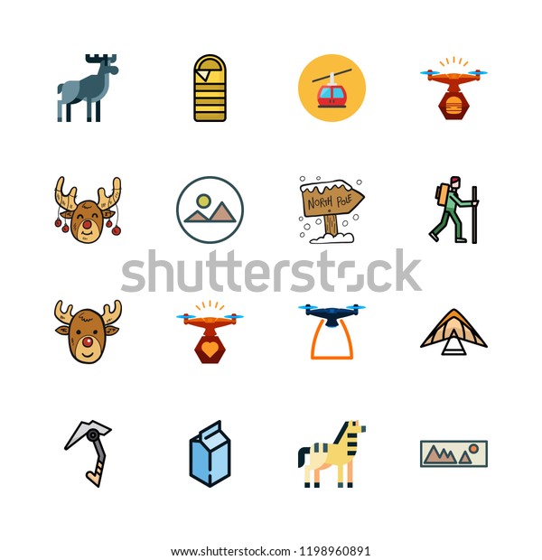 mountain icon set. vector set about\
hiker, cable car cabin, milky and north pole icons\
set.