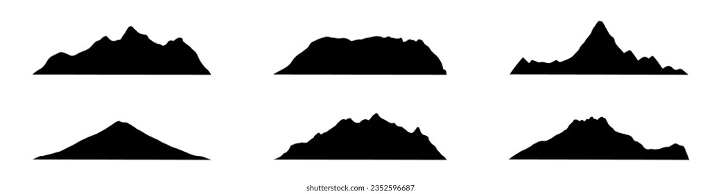 Mountain icon with silhouette range. Outline of alps with snowy tops, hills and black rocks. Flat vector illustrations isolated in background.