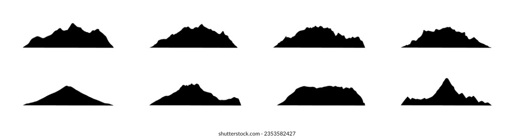 Mountain icon with snowy range silhouette. Alps, hill, black rock and white landscape, icy mount. Flat vector illustrations isolated in background.