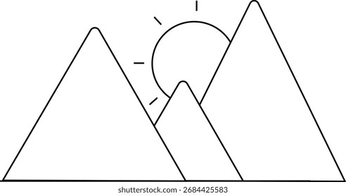 Bergsymbol und Sonnensymbol auf weißem Hintergrund.mit schwarzen Linien