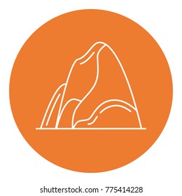 Mountain icon in thin line style. Outline rock symbol in round frame.