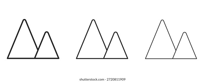 Ícone de montanha símbolo de linha fina em fundo branco, ilustração vetorial de traçado editável