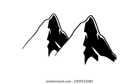 mountain icon vector, illustration silhouette peak logo, showcasing a simplified outline of a mountain, designed for isolated use on web platforms with a white background.