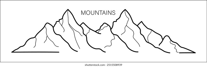 Mountain icon. Vector paint. Illustration sign. Rocky mountains silhouette. Sun. Web - image. 