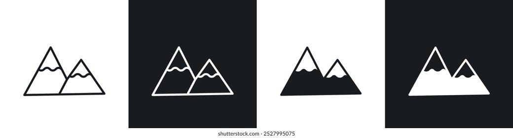 Bergsymbol, Vektorsymbol, Satz schwarz, gefüllt und umrissen.