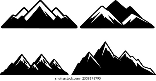 Mountain icon vector set collection design, Mountain peaks silhouettes. Isolated rocky mountain. Mountain, rock, hill, peak logos. Vector stock illustration.