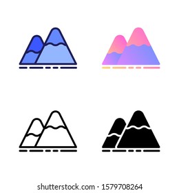 mountain icon vector symbol illustration in four style glyph, line, flat and filled line