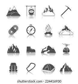 Mountain icons black set with peak campfire axe rope isolated vector illustration