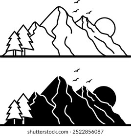 Mountain Icons. Black and White Vector Icons. Mountains, Trees, Birds and Sun. Adventure and Tourism Concept
