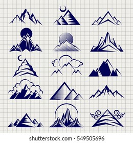 Mountain icons with clouds sun and moon on notebook background. Vector illustration