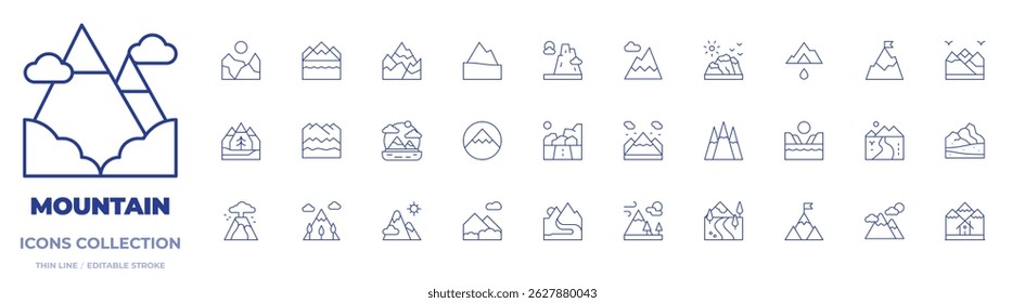 Mountain icons collection. Thin Line icons, editable stroke. volcano, river, mountain, mountains, valley, landscape, beach, goal.