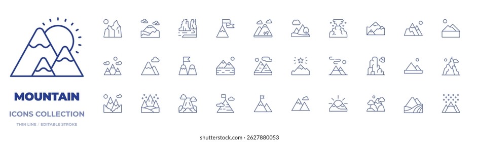 Mountain icons collection. Thin Line icons, editable stroke. colorado, volcano, goal, landscape, mountain